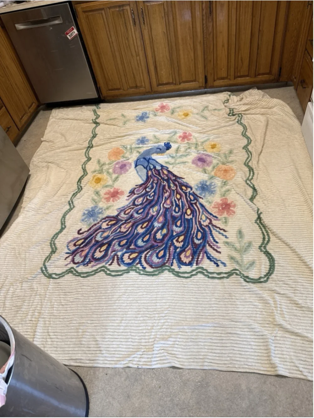 Vintage Peacock Chenille Queen/King Bedspread Blanket 85x100 Inches